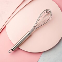 Modern stainless steel whisk on a pink pastel background for culinary and cooking concepts