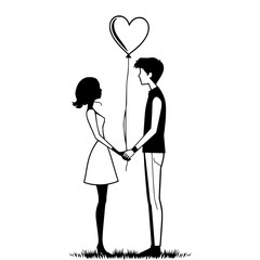Romantic Couple Silhouette: A charming black and white line art illustration depicts a couple holding hands, a heart-shaped balloon floating between them, set against a simple grass background.