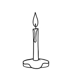 Lit Candle: A simple line art illustration of a burning candle on a base, showcasing its elegant simplicity and peaceful ambiance in monochrome.