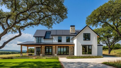 Modern farmhouse exterior on a sunny day