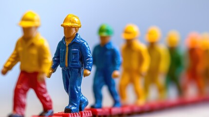 A group of toy construction workers in yellow, blue, and green uniforms walking in a line on a red and white striped platform.