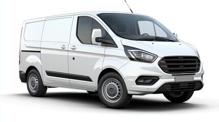 A white van with black accents parked on a white background.