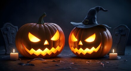 Halloween, Pumpkins, Jack-o'-lantern, Spooky Halloween Jack-o'-lanterns with Witch Hat