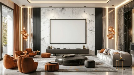 Modern living room with marble wall and comfortable furniture.