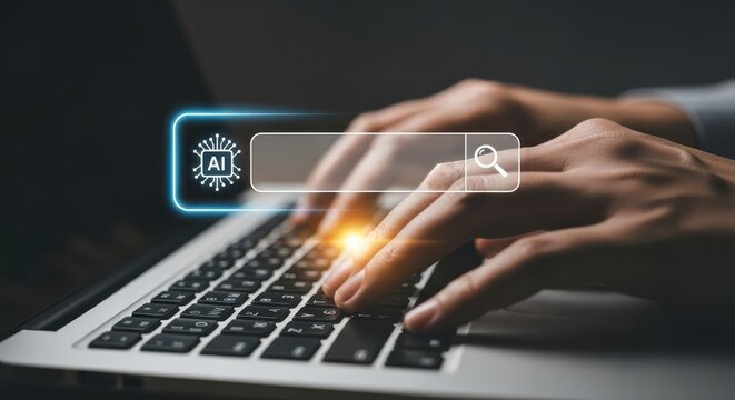 Photo of a person types on a laptop keyboard with a glowing ai search bar appearing above