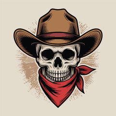 Cowboy Skull Wearing Western Hat and Bandana – Vintage Emblem Vector Illustration

