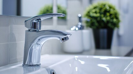 A modern, sleek bathroom sink with a chrome faucet and a white countertop.