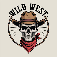 Cowboy Skull Wearing Western Hat and Bandana – Vintage Emblem Vector Illustration

