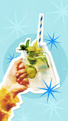 A white hand is holding a refreshing mojito against a blue background with starburst accents,...
