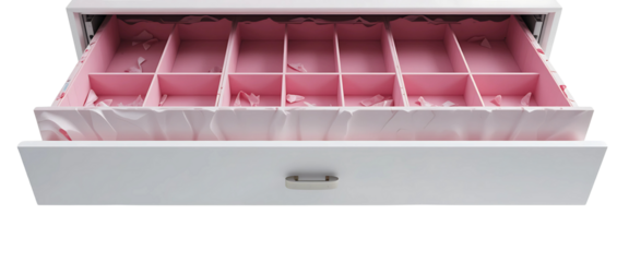  Zero-gravity drawer unit with levitating pink compartments held by magnetic suspension, conceptual design on white background.

