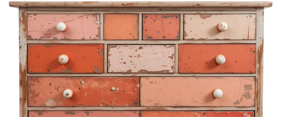  Eclectic chest of drawers in mixed tones of coral, blush, and terracotta, with ceramic knobs and mismatched drawer sizes, artistic style on white.

