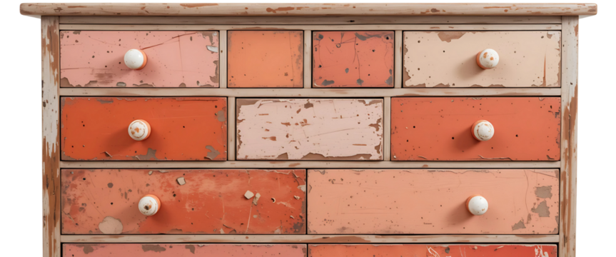  Eclectic chest of drawers in mixed tones of coral, blush, and terracotta, with ceramic knobs and mismatched drawer sizes, artistic style on white.

