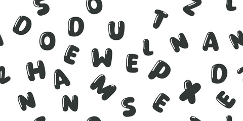 Colorful hand-drawn alphabet letters in playful random arrangement. Fun and creative seamless pattern perfect for kids' products, learning materials, and educational designs. Modern vector style.