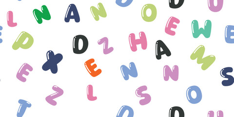 Colorful hand-drawn alphabet letters in playful random arrangement. Fun and creative seamless pattern perfect for kids' products, learning materials, and educational designs. Modern vector style.