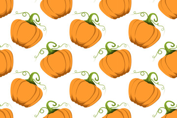 Seamless pattern with colorful autumn leaves, pumpkins and mushrooms in orange, yellow colors. Autumn atmosphere. Hand drawn vector illustration on white background.