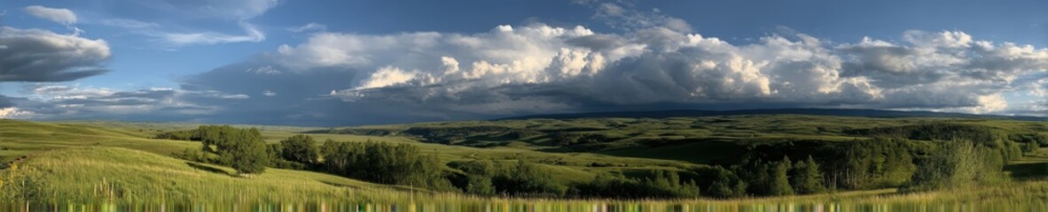 Obraz premium Rolling green hills dotted with wildflowers under a dramatic cloudscape at golden hour