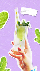 A hand grasps a cocktail garnished with mint and a straw, set against a lively paper cut collage on...