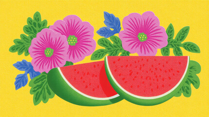 Watermelon and flowers on yellow background