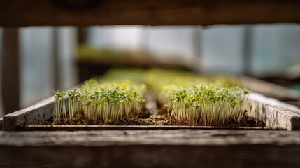 Artistic top-down shot of a row of radish sprouts in a wooden tray against a softly blurred greenhouse bench background