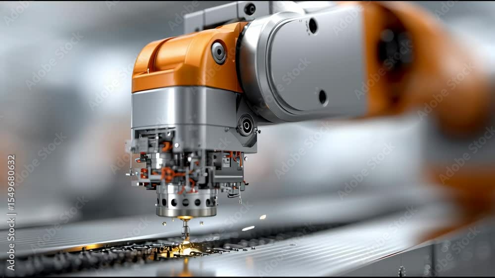 Poster industrial automation in action: a close-up shot of a robotic arm meticulously executing its task, d