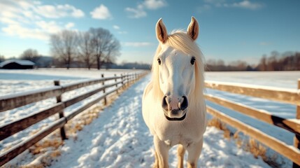A captivating portrait of a majestic white horse standing in a snowy field, illuminated by the bright winter sun, creating a picturesque scene of natural beauty and tranquility.