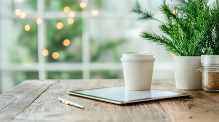 An inspiring workspace scene featuring a tablet, coffee cup, and greenery, creating a modern and inviting atmosphere perfect for productivity and relaxation in a serene setting.