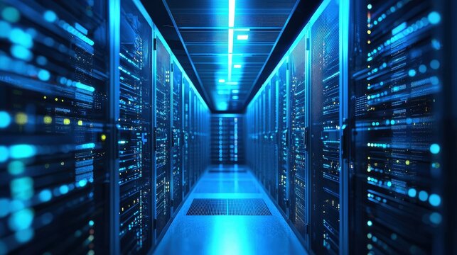 Blue-lit data center interior with glowing server racks, reflective floors, and futuristic lighting, representing cloud technology, IT infrastructure, and digital networks