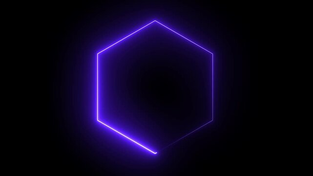 A glowing purple and blue neon star shines with bright digital energy inside a dark 3d hexagon shape, creating a technology art wallpaper design with motion texture