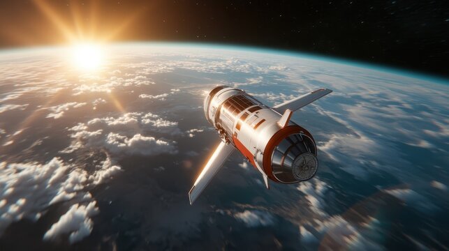 A stunning view of a spacecraft orbiting Earth, capturing the beauty of our planet from space during sunrise, highlighting the vastness and mystery of the cosmos.