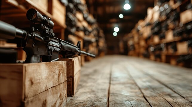 A well-organized display of firearms in a wooden storage facility, emphasizing the various shapes and designs while evoking thoughts on security and power.