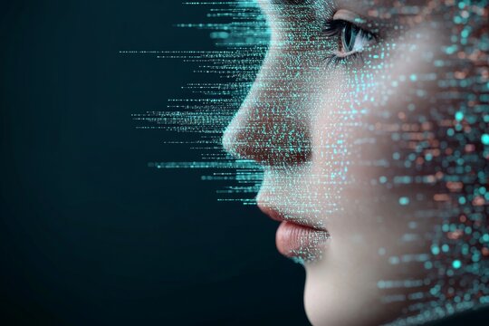 An abstract digital human face, big data, artificial intelligence concept. Generative AI