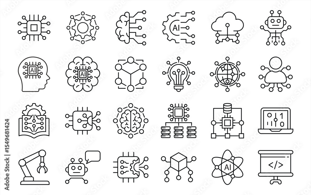Poster artificial intelligence icon set. contain machine learning, robotic, digital innovation, technology 