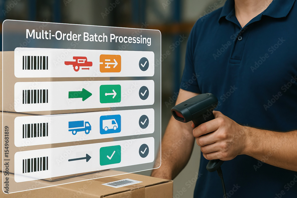 Poster multi order batch processing, barcode scanning, shipping, and logistics management concept with work