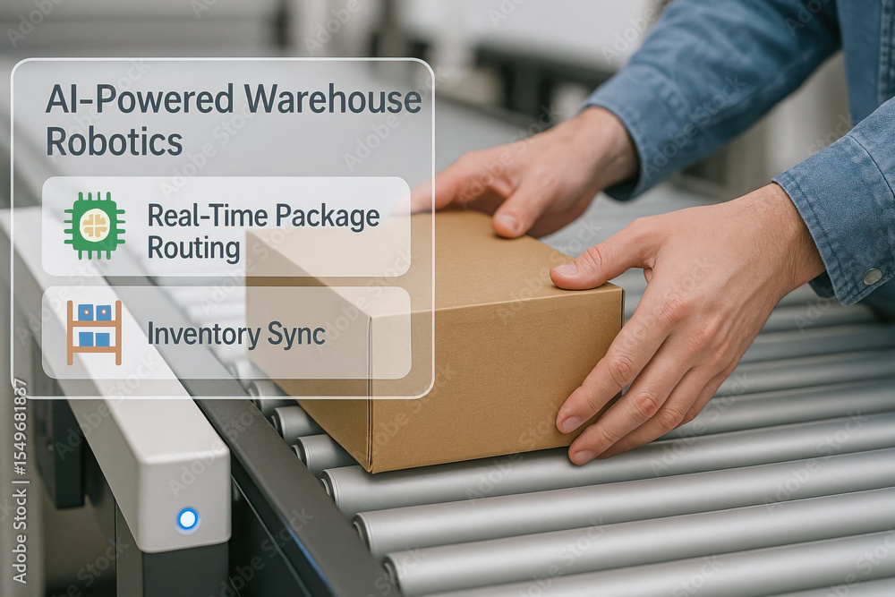 Poster ai powered warehouse robotics, real time package routing, and inventory sync technology streamline l