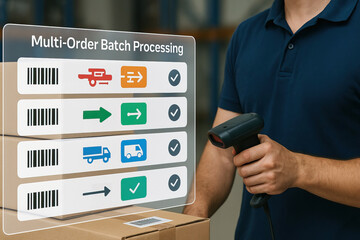 Multi order batch processing, barcode scanning, shipping, and logistics management concept with worker in warehouse, efficient workflow, and technology integration
