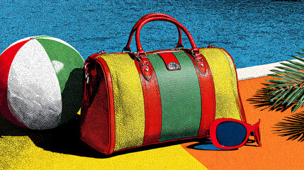 Colorful bags and beach balls placed on yellow ground