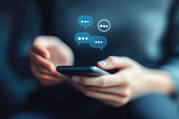 Hands holding a phone with floating chat bubbles