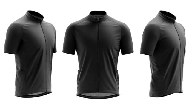 Three dimensional rendering showcases a sleek, dark athletic cycling jersey design