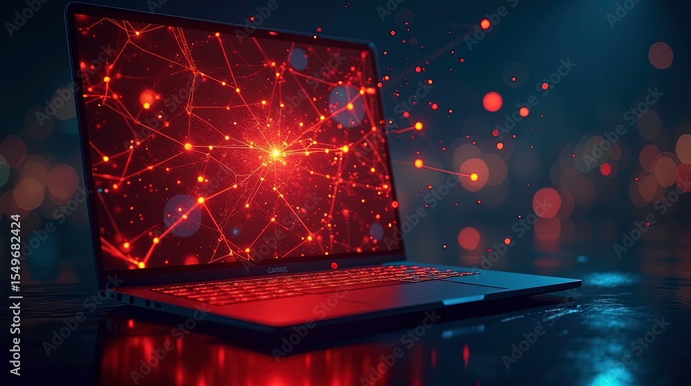 Poster a sleek laptop showcases vibrant digital code glowing brightly amidst a dark backdrop. sparks and ab