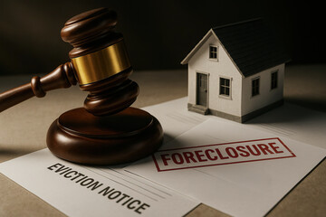Gavel, house model, eviction notice, and foreclosure document symbolize legal action, property loss, and financial distress in real estate, evoking serious and urgent atmosphere