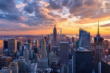 Panoramic city skyline at sunset.  Vast cityscape, vibrant colors, dramatic clouds