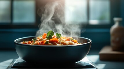 A tantalizing bowl of pasta steaming with freshness, garnished with herbs, inviting the viewer to experience the rich warmth of homemade cooking during a cozy mealtime moment.