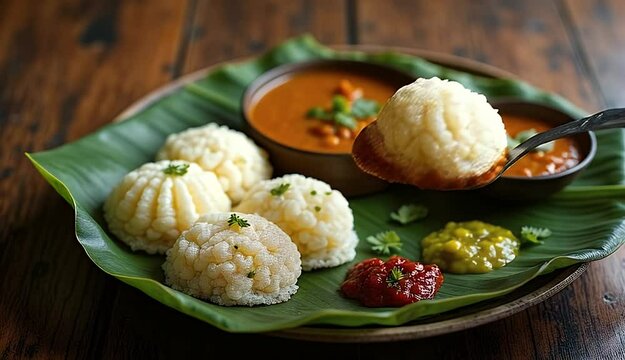 Traditional South Indian Breakfast: Idly Sambar with Chutneys 