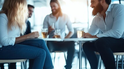 A group of friends share laughter and drinks in a bright café, showcasing a lively atmosphere filled with joy and camaraderie in a relaxing setting.