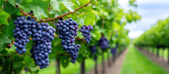 Grape vineyard fruit agriculture cluster ripe green leaf outdoor summer grapes hanging in lush vineyard rows vibrant green leaves and sunlit atmosphere evoke freshness and abundance