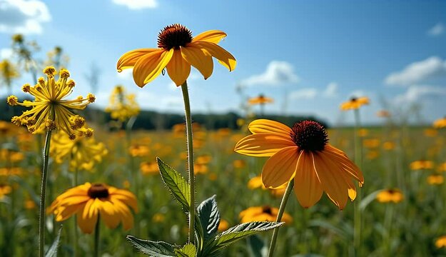 Black-Eyed Susans, Wild Bergamot, and Other Blooms in a Restored Prairie 