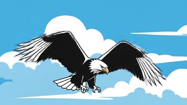 Majestic bald eagle in flight, soaring above fluffy white clouds against a vibrant blue sky.