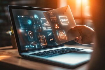 Laptop displaying email interface, hand holding envelope