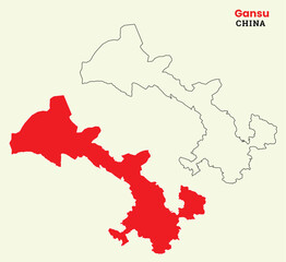Map of Gansu, Map of Gansu with fill colour, Map of China state Gansu Vector Illustration, China, Gansu.