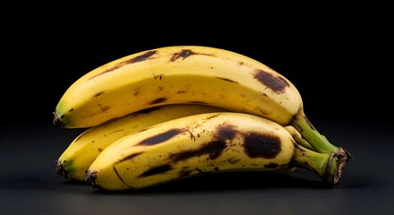 Banana, Bananas, Fruit, Three Ripe Bananas with Bruises on Black Background
